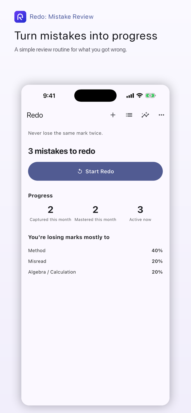 Redo home screen showing mistakes ready to review and progress statistics