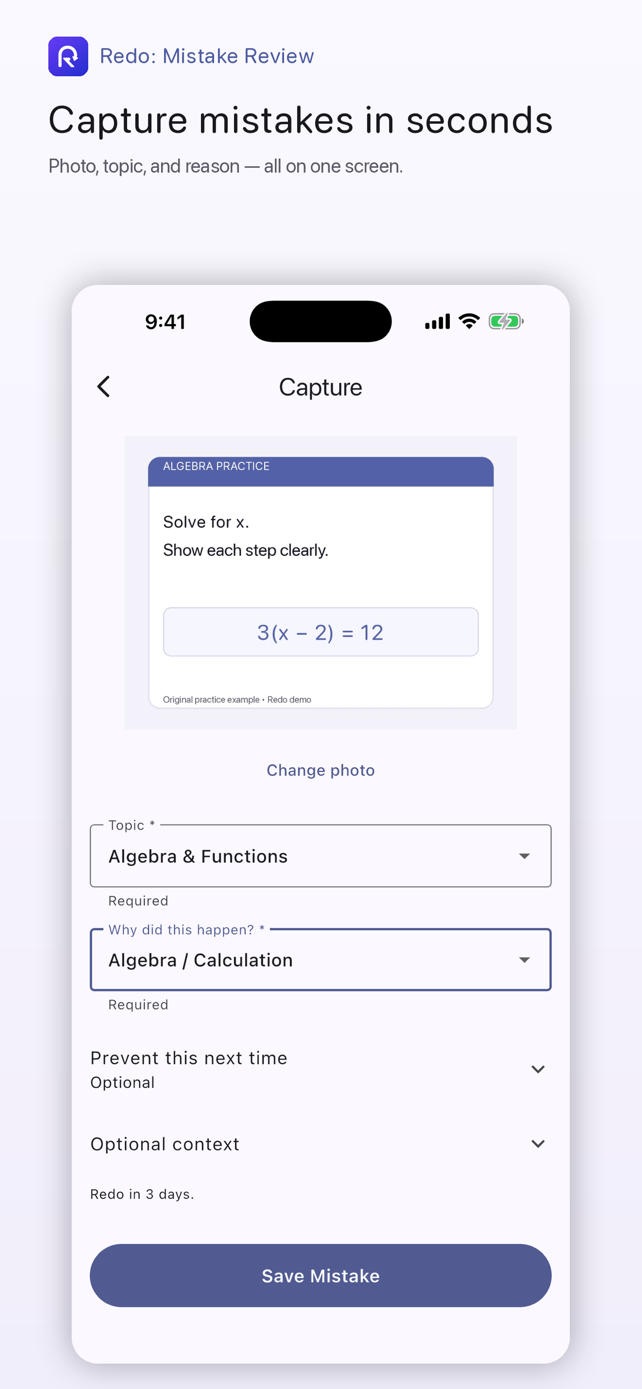 Redo fast capture screen for adding a mistake from a question image