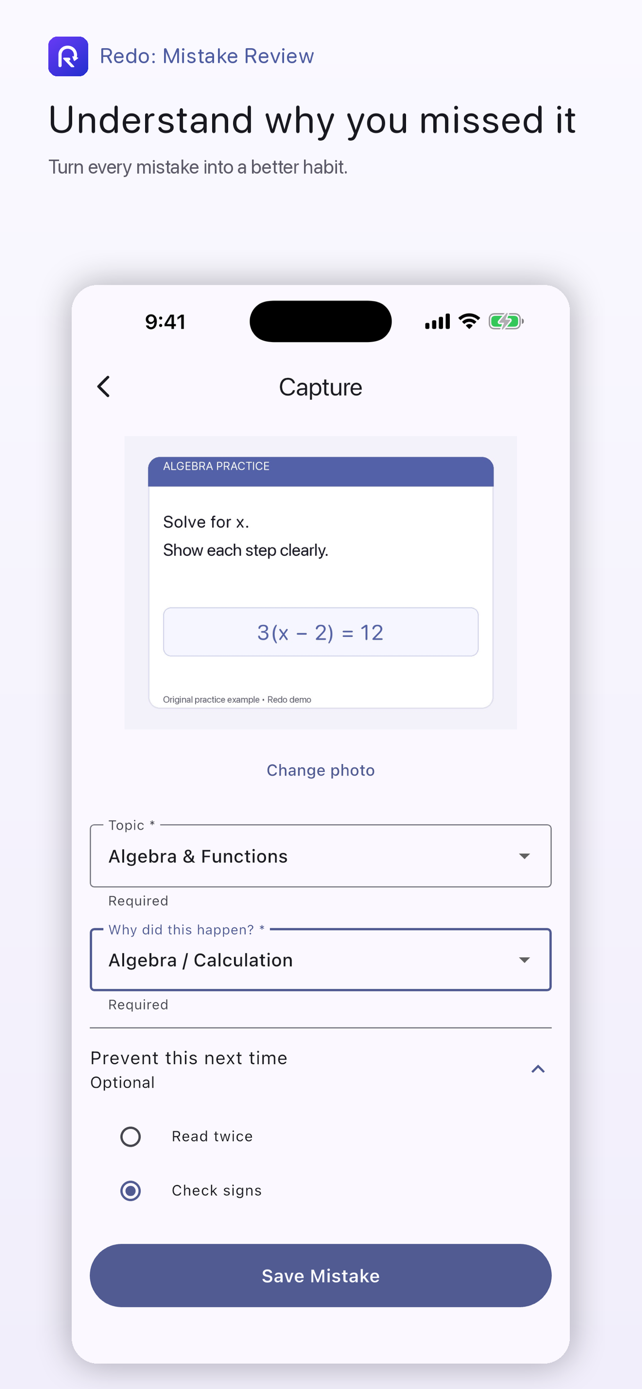 Redo mistake details showing topic, mistake reason, and review history