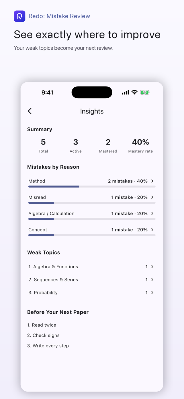 Redo Insights screen showing mistake reasons and weak topics