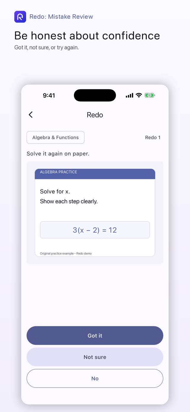 Redo review screen with Got it, Not sure, and No confidence choices